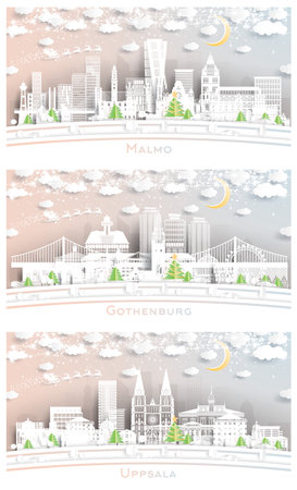 Gothenburg, Uppsala and Malmo Sweden. Winter City Skyline in Paper Cut Style with Snowflakes, Moon and Neon Garland. Christmas, New Year Concept. Santa Claus on Sleigh.の写真素材