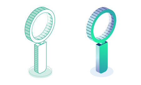 Magnifying glass isolated on white background. Isometric outline object. Illustration. Loupe. Icon.の写真素材