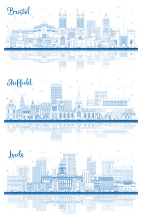 Outline Sheffield, Leeds and Bristol UK City Skyline set with Blue Buildings and reflections. Cityscape with Landmarks. Travel and Tourism Concept with Historic Architecture.の写真素材