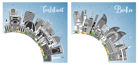 Baku Azerbaijan and Tashkent Uzbekistan City Skyline with Color Buildings, Blue Sky and Copy Space.の写真素材