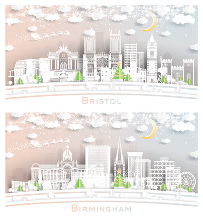 Birmingham and Bristol in UK. Winter City Skyline in Paper Cut Style with Snowflakes, Moon and Neon Garland. Christmas, New Year Concept. Santa Claus on Sleigh. Cityscape with Landmarks.の写真素材