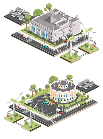 Isometric shopping mall with solar panels and wind turbine. Infographic element. Supermarket building. People, trucks and trees with green leaves isolated on white background.の写真素材