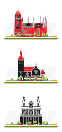 Old cathedral buildings in flat style with trees and cars. City scene isolated on white background. Urban architecture. Medieval church.の写真素材