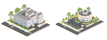Isometric shopping mall. Infographic element. Supermarket building. Illustration. People, trucks and trees with green leaves isolated on white background.の写真素材