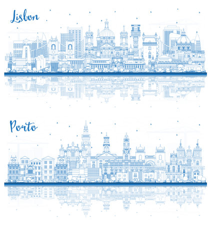 Outline Porto and Lisbon Portugal city skyline set with blue buildings and reflections. Cityscape with landmarks. Business travel and tourism concept with historic architecture.の写真素材