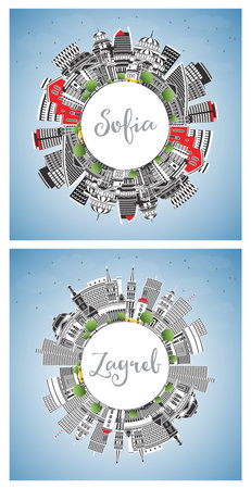 Zagreb Croatia and Sofia Bulgaria City Skyline set with Color Buildings, Blue Sky and Copy Space. Cityscape with Landmarks.の写真素材