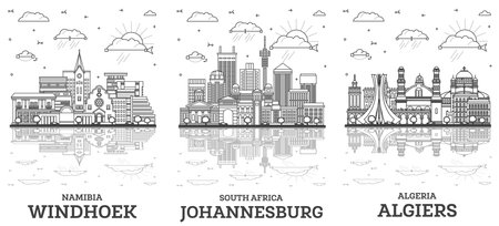 Outline Algiers Algeria, Johannesburg South Africa and Windhoek Namibia City Skyline set with Modern Buildings and Reflections Isolated on White.の写真素材