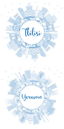 Outline Yerevan Armenia and Tbilisi Georgia City Skyline set with Blue Buildings and Copy Space. Cityscape with Landmarks. Business Travel and Tourism Concept with Historic Architecture.の写真素材