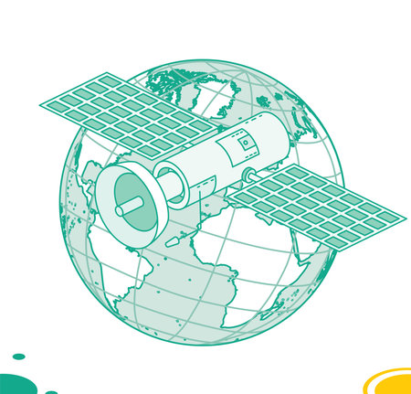 Isometric communication satellite with antenna flies in orbit around the globe. Objects isolated on white. Vector illustration. Wireless technology.のイラスト素材