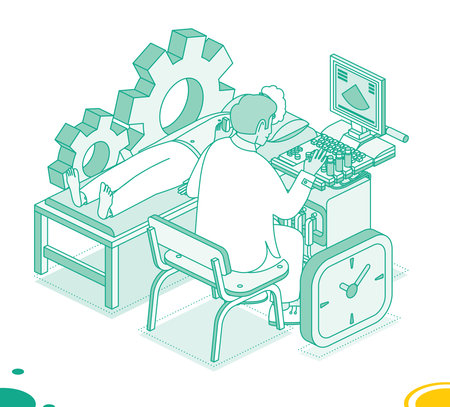 Doctor doing ultrasound scan of the stomach to adult patient. Adult man lies on examination table at hospital or clinic. Vector illustration. Isometric outline medical concept.のイラスト素材