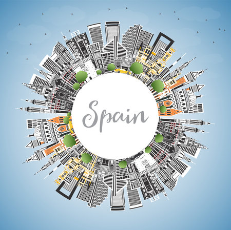Spain City Skyline with Gray Buildings, Blue Sky and Copy Space. Vector Illustration. Modern and Historic Architecture. Spain Cityscape with Landmarks. Madrid. Barcelona. Valencia. Seville. Zaragoza.のイラスト素材