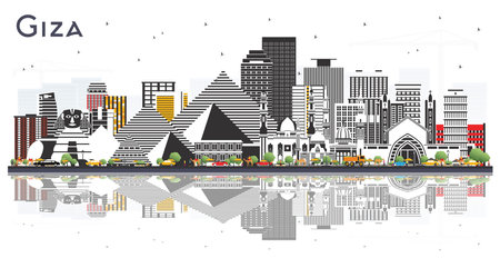 Giza Egypt City Skyline with Gray Buildings and reflections Isolated on White. Vector Illustration. Travel and Tourism Concept with Historic Architecture. Giza Cityscape with Famous Landmarks.のイラスト素材