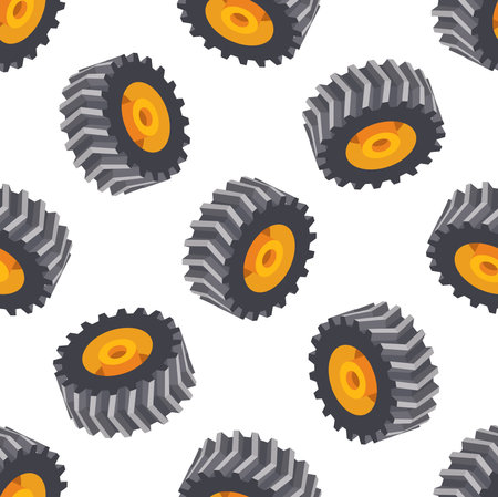 Seamless pattern with isometric tractor wheels. Vector illustration. Objects isolated on white background. Heavy duty truck wheels.のイラスト素材