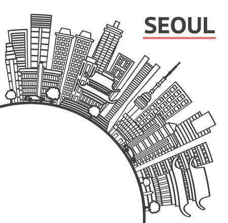 Outline Seoul South Korea City Skyline with Modern Buildings and copy space Isolated on White. Vector Illustration. Seoul Cityscape with Landmarks.のイラスト素材