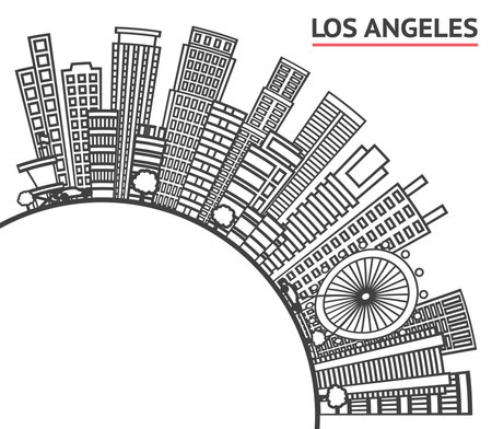 Outline Los Angeles California City Skyline with Modern Buildings and copy space Isolated on White. Vector Illustration. Los Angeles Cityscape with Landmarks.のイラスト素材