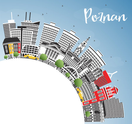 Poznan Poland City Skyline with Color Buildings, Blue Sky and copy space. Vector Illustration. Poznan Cityscape with Landmarks. Business Travel and Tourism Concept with Historic Architecture.のイラスト素材