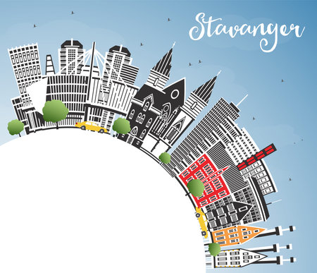 Stavanger Norway city skyline with color buildings, blue sky and copy space. Vector illustration. Stavanger cityscape with landmarks. Business travel and tourism concept with historic architecture.のイラスト素材