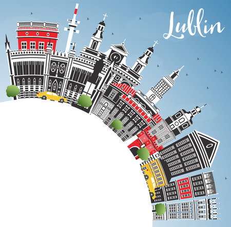 Lublin Poland city skyline with color buildings, blue sky and copy space. Vector illustration. Lublin cityscape with landmarks. Business and tourism concept with modern and historic architecture.のイラスト素材