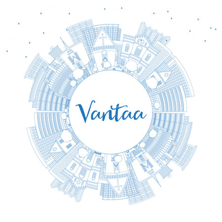 Outline Vantaa Finland city skyline with blue buildings and copy space. Vector illustration. Vantaa cityscape with landmarks. Business travel and tourism concept with modern and historic architecture.のイラスト素材