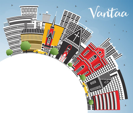 Vantaa Finland city skyline with color buildings, blue sky and copy space. Vector illustration. Vantaa cityscape with landmarks. Travel and tourism concept with modern and historic architecture.のイラスト素材