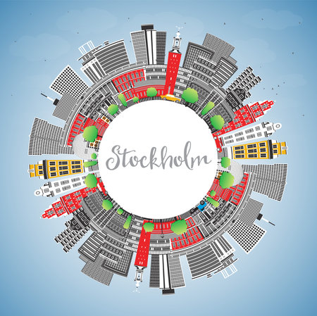 Stockholm Sweden city skyline with color buildings, blue sky and copy space. Vector illustration. Stockholm cityscape with landmarks. Business and tourism concept with modern architecture.のイラスト素材