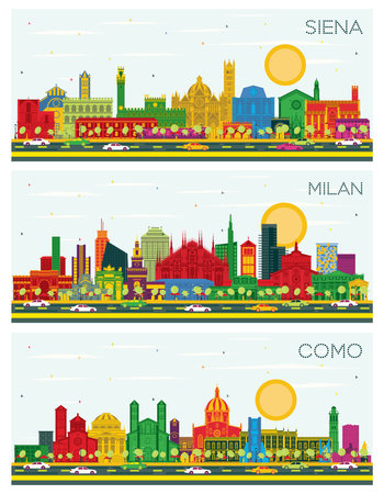 Como, Milan and Siena Tuscany Italy City Skyline set with Color Buildings and Blue Sky.の写真素材