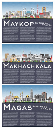 Makhachkala, Magas and Maykop Russia city skyline set with color buildings, blue sky and copy space. Cityscape with landmarks.の写真素材