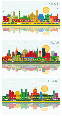 Como, Milan and Siena Tuscany Italy City Skyline set with Color Buildings, Blue Sky and Reflections.の写真素材