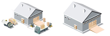 Isometric Distribution Logistic Center. Warehouse Storage Facilities with Trucks Isolated on White Background. Illustration. Loading Discharging Terminal.の写真素材
