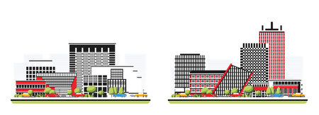 Business city district with skyscraper in flat style with trees. City scene isolated on white background. Urban architecture. Modern european architecture. Downtown street.の写真素材