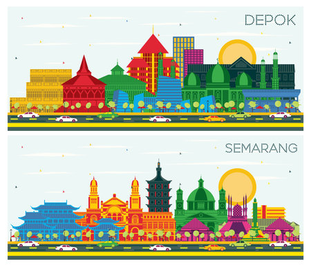 Semarang and Depok Indonesia City Skyline set with Color Buildings and Blue Sky.の写真素材