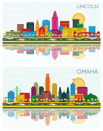 Omaha and Lincoln Nebraska City Skyline set with Color Buildings, Blue Sky and Reflections. Business Travel and Tourism Concept with Historic Architecture.の写真素材