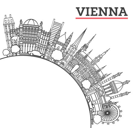 Outline Vienna Austria City Skyline with Historic Buildings and copy space Isolated on White. Vector Illustration. Vienna Cityscape with Landmarks.のイラスト素材