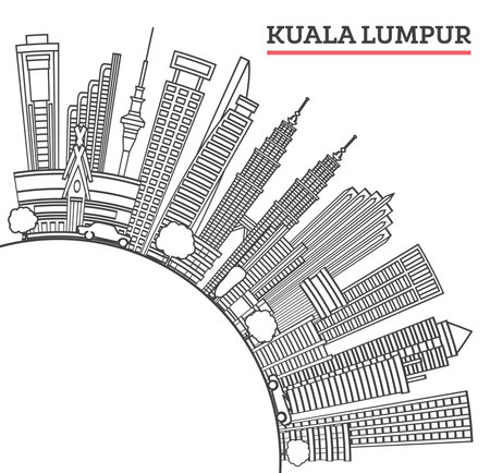 Outline Kuala Lumpur Malaysia City Skyline with Modern Buildings and copy space Isolated on White. Vector Illustration. Kuala Lumpur Cityscape with Landmarks.のイラスト素材