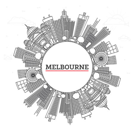 Outline Melbourne Australia City Skyline with Modern and Historic Buildings Isolated on White. Vector illustration. Melbourne Cityscape with Landmarks and copy space.のイラスト素材