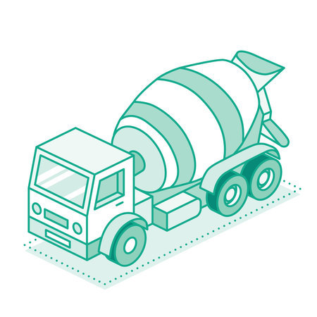 Isometric concrete mixing truck. Vector illustration. Outline cement mixer truck. Flat monochromatic green style. Element for construction infographics, architectural diagrams, or logistics designs.のイラスト素材