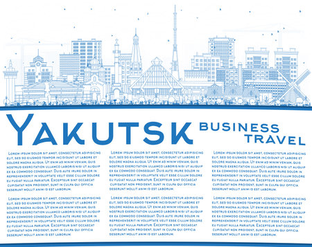 Outline Yakutsk Russia city skyline with blue buildings and copy space. Vector illustration. Yakutsk cityscape with landmarks. Business travel and tourism concept with modern, historic architecture.のイラスト素材