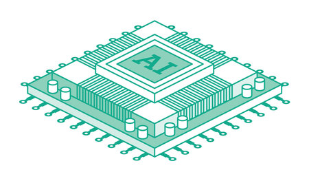 AI CPU microchip. Isometric vector illustration. Digital processor with circuits and components, symbolizing artificial intelligence and advanced computing technology.のイラスト素材