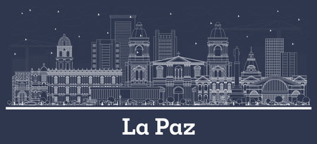 Outline La Paz Bolivia City Skyline with white Buildings. Vector Illustration. Business Travel and Tourism Concept with Historic Architecture. La Paz Cityscape with Landmarks.のイラスト素材