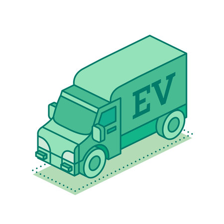 Isometric electric truck EV. Sustainable transportation, zero emission delivery, and eco friendly logistics for a cleaner future. Vector illustration.のイラスト素材