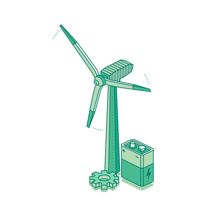 Isometric wind turbine with a battery and gear. Renewable energy generation, clean power storage,...