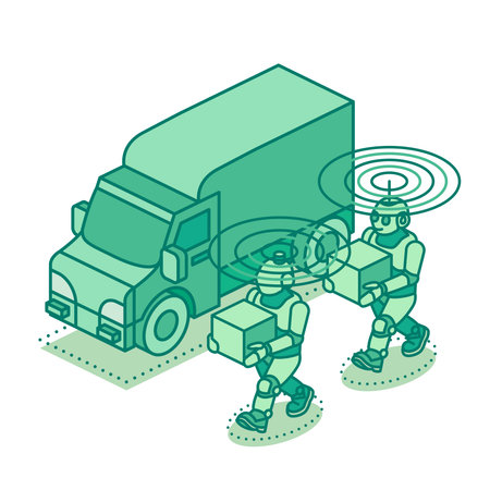 Isometric robots carrying boxes near a delivery truck with wireless signals. Smart logistics, automation, and AI technology for modern supply chain. Vector illustration. Objects isolated on white.のイラスト素材