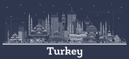 Outline Turkey City Skyline with white Buildings. Vector Illustration. Tourism Concept with Historic Architecture. Turkey Cityscape with Landmarks. Izmir. Ankara. Istanbul.のイラスト素材
