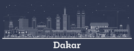 Outline Dakar Senegal City Skyline with white Buildings. Vector Illustration. Business Travel and Concept with Historic Architecture. Dakar Cityscape with Landmarks.のイラスト素材
