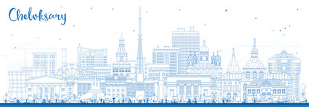 Outline Cheboksary Russia city skyline with blue buildings. Vector illustration. Cheboksary cityscape with landmarks. Business travel and tourism concept with modern and historic architecture.のイラスト素材