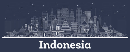 Outline Indonesia Cities Skyline with white Buildings. Vector Illustration. Tourism Concept with Historic Architecture. Indonesia Cityscape with Landmarks. Jakarta. Surabaya. Bekasi.のイラスト素材