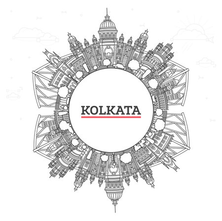 Outline Kolkata India City Skyline with Historic Buildings and copy space Isolated on White. Vector Illustration. Kolkata Cityscape with Landmarks.のイラスト素材