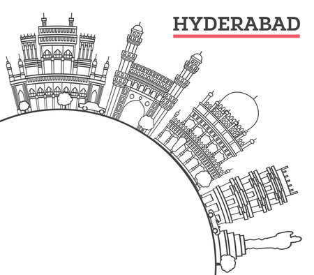 Outline Hyderabad India City Skyline with Historical Buildings and copy space Isolated on White. Vector Illustration. Hyderabad Cityscape with Landmarks.のイラスト素材