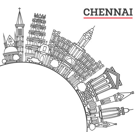 Outline Chennai India City Skyline with Historic Buildings and copy space Isolated on White. Vector Illustration. Chennai Cityscape with Landmarks.のイラスト素材