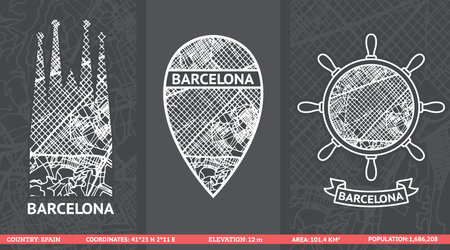 Barcelona city map with famous basilica silhouette, location pin, and ship wheel emblem. Modern design for travel, tourism, and navigation themes. Vector illustration.のイラスト素材